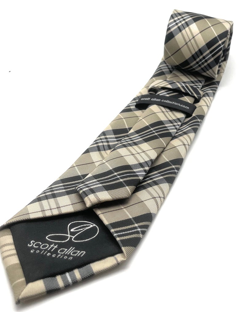 Scott Allan Collection Scottish Tartan Plaid Ties for Men - Woven Necktie - Khaki and Black - Image 5